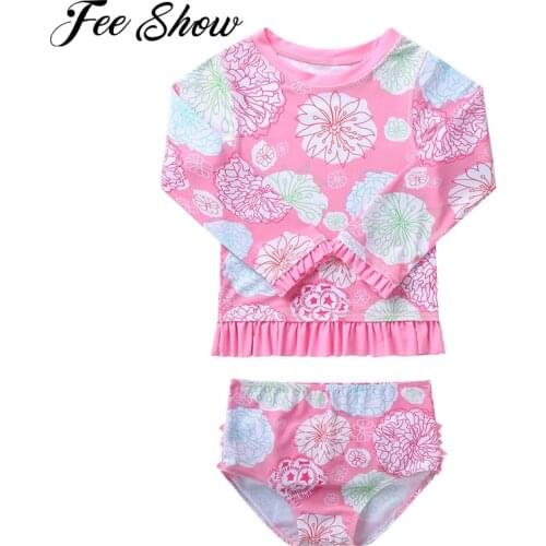 Summer 2 Piece Suits Beach Swimwear Baby Girls Brazilian Swimsuits Bikinis Set Long Sleeve Rashguard with Ruffle Bikini Panties
