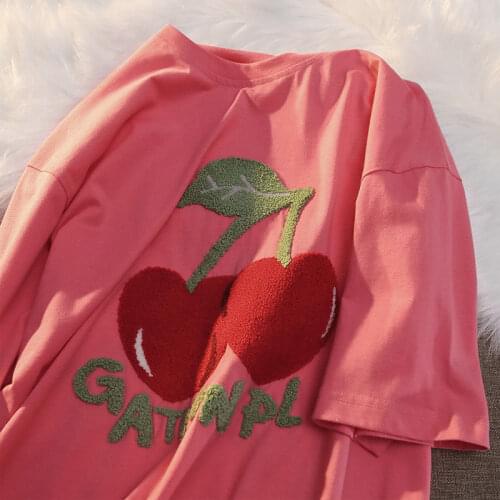 Cute Pink Cherry Embroidery Graphic T Shirts O-neck Cotton Tops Casual Summer Plus Size Korean Fashion Japan Tee Harajuku Brand