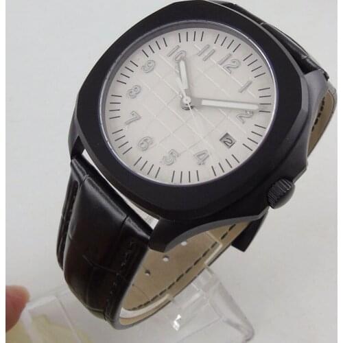 39mm Fashion Dress Miyota Automatic Mens Watch White sterile dial With black PVD Watch Case Sapphire Glass Leather Strap