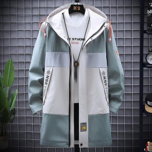 Korean Mens Windbreaker Jackets Men Long Trench Coat Printed Cardigan Casual Hooded Coats Male 3 Color M-3XL