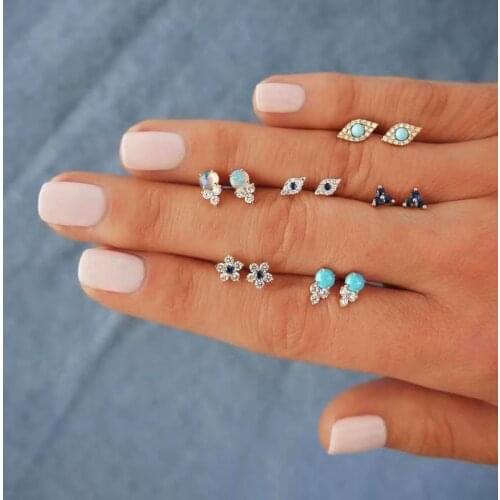 6 Pairs Trendy Little Mix Design Crystal Piercing Stud Earring for Women Fashion Cute Small Flower Eye Ear Stud Cuff Earring Set