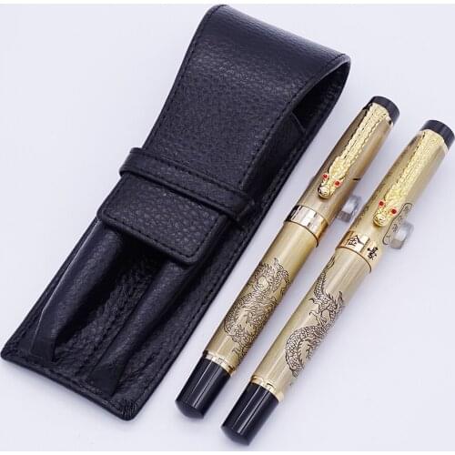 Jinhao Descendants of The Dragon Brassy Fountain Pen & Roller Pen with Real Leather Pencil Case/Bag Washed Cowhide Pen Case Set