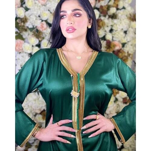 Ramadan Arabic Dresses for Women Fall 2021 Golden Ribbon Patchwork V Neck Long Sleeve Maxi Dress Muslim Turkish Clothing Satin