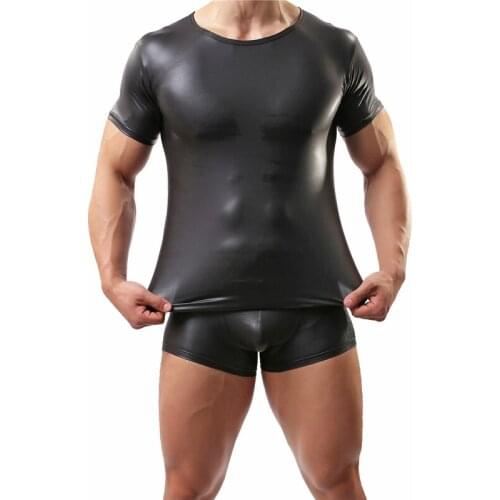 Sexy Men Undershirts PU Leather Men Shirt Short Sleeve T Shirts Boxer Shorts Underwear Stage Tee Dance Clubwear Men Clothes Set
