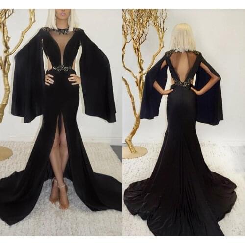 Sexy Mermaid Prom Gowns With Wrap Sleeve Side Slip Sequins Applique Cloth Party Dresses Evening Dresses