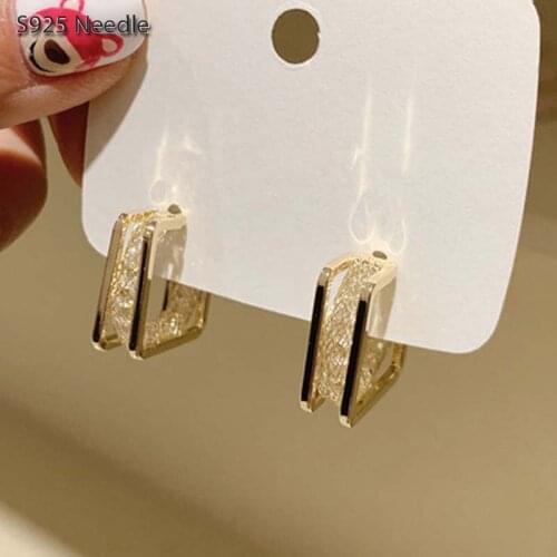 925 Sterling Silver Needle Hoop Earrings for Women Female Jewelry Gold Square Hollow Out Simple Fashion Female Earrings