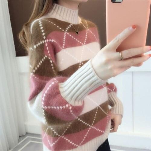Half-Turtleneck Plaid Sweaters Contrast Color Knitted Pullover Autumn Long Sleeve Soft Warm Jumper Women Sweater Basic Knitwear