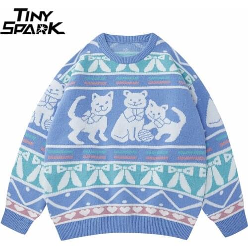 Hip Hop Knitted Sweater Streetwear Cat Heart Bowknot Print Harajuku Pullover Sweater 2021 Men Autumn Cotton Casual Sweater Blue