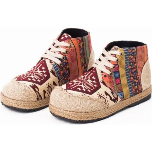 High Top Cotton Embroidery Ladies Casual Linen Flat Sneakers Handmade Lace Up Thick Hemp Soled Canvas Shoes Zapato Mujer