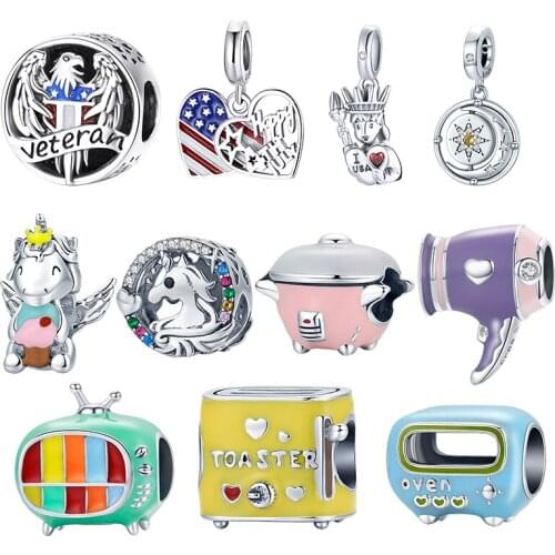 WOSTU NEW 925 Sterling Silver Uicorn Moon Ameircan Eagle TV Oven Charms Pendant Fit Bracelets Women Fashion DIY Jewelry Gift