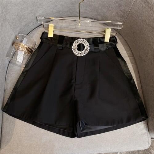 Rhinestone Belt Waist Shorts Women 2021 Summer Autumn New Style Satin Stitching Slim Fit Black Short Femme Lady