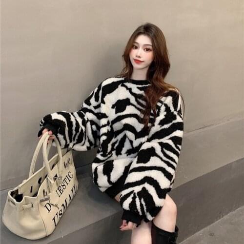 2021 Knitted Sweat Casual Vintage Turtleneck Loose Women Zebra Long Sleeve Autumn Winter Oversized Jumper Casual Pullover