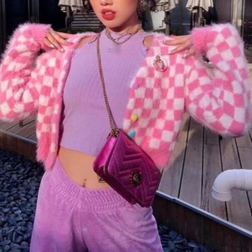 Y2k Gothic Women Plaid Knitted Cardigans Spring New Pink Sweet Kawaii E Girl Checkered Mohair Crop Top Sweater Cardigan Harajuku