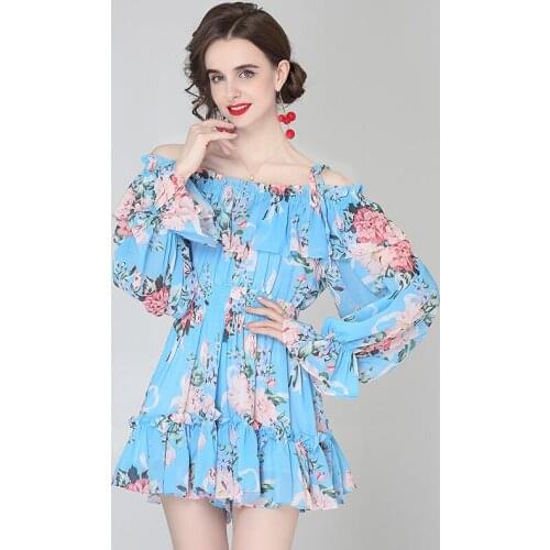2021 Summer New Women Slash Neck Holiday Blue Short Dresses Runway Boho Ruffles Flower Printed Elastic Waist Chiffon Beach Dress