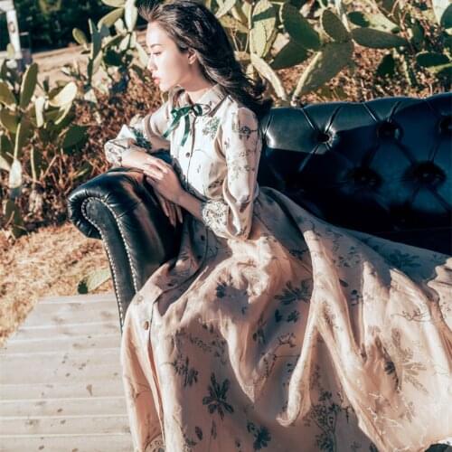 2017 Spring Women Dress Vintage Retro Floral Print Lantern Sleeve Turn-down Collar Midi Vestidos real photo