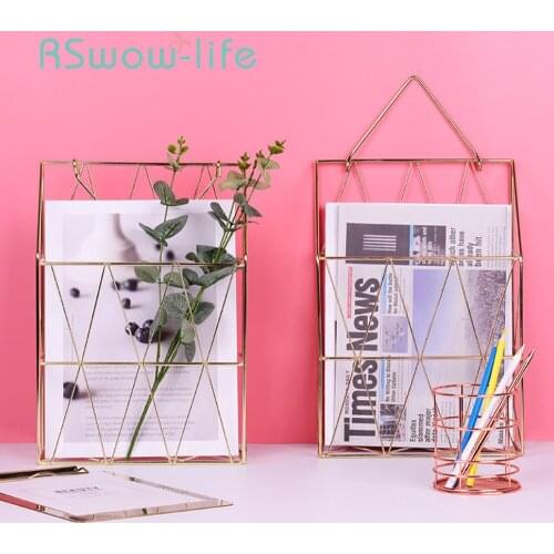Golden Wrought Iron Storage Basket Wall-mounted Rose Gold Metal Basket Storage Magazine Storages For Home Office Supplies