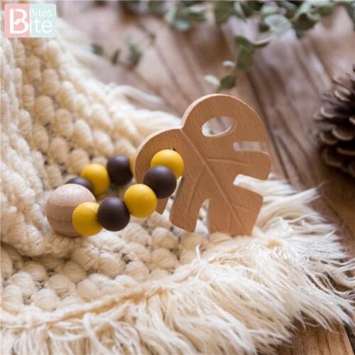Bite Bites 1PC Baby Silicone Beads Teether Food Grade Beech Wooden Leaf Teether for Newborn Nursing Rattle Toy Children Products