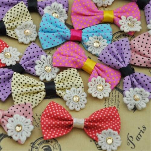 10PCS Grosgrain Dots Ribbon Bows Flower W/ Rhinestone Appliques Wedding A235