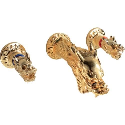Free shipping double Handles Widespread Dragon Pattern Bathroom wall mounted gold Sink Faucet