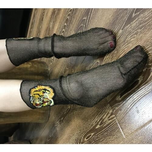 Glitter Embroidered tiger head Women Socks Fashion Socks Shiny Harajuku Soft Ladies Funny Socks Transparent Elastic Hosiery