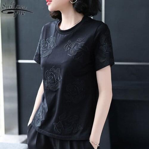 Black Shirt Women Basic Blouse Summer Cotton High Quality Rose Embroidery Casual Plus Size Shirt Short Sleeve Ladies Tops 13553