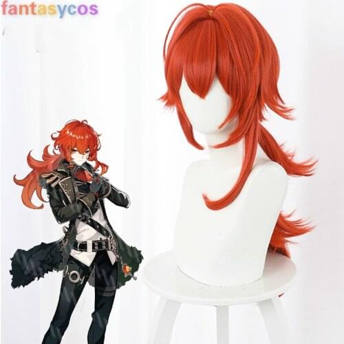 Game Genshin Impact Diluc Cosplay Wigs Red Long Heat Resistant Synthetic Hair Halloween Party + Free Wig Cap