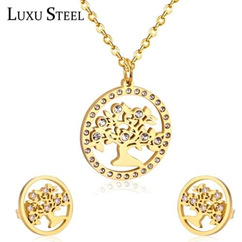 LUXUSTEEL cubic zirconia jewelry set Classic Jewelry Gold Color Tree Pendant Necklace Earrings Christmas Jewelry Party Girl