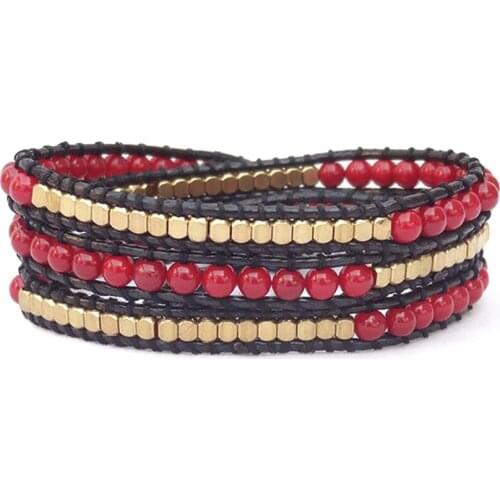 Red Stone Wrap Bracelets Match Geometric Copper Beads Multi Layered Beaded Around Boho Bracelet Jewelry for Women Ethnic Gift