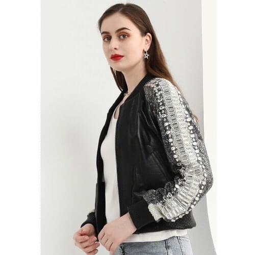 LUHAYESA Beautiful Sequins Baseball Collar Women Black Short Genuine Leather Clothes Autumn Leather Jackets