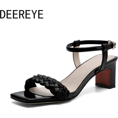 Fashion Breathable Womens Leather Weave Strappy Ankle Buckle Sandal 5.5CM Chunky High Heel Open Toe Shoes Black And White