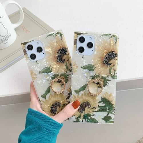 Square chrysanthemum Holder Ring Soft Silicone Phone Case For Iphone 12 11 Pro MAX Mini X XR XS SE 2020 7 8Plus Shockproof Cover