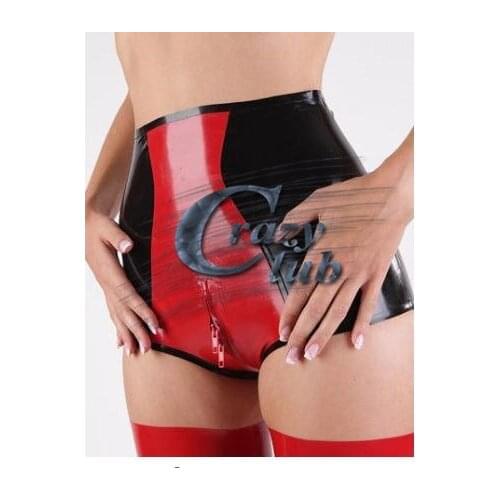 Crazy club_New fashion Women Sexy Latex Panty Women high waist red spliced Lingerie crotch zipper shorts Underwear Thongs F