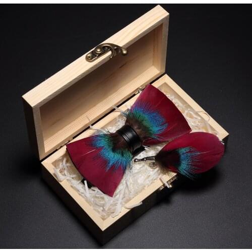 Ricnais Nature Design Feather Bow Tie For Men Original Handmand Bowtie Brooch Set Suit Wedding Party With Box Gift Accessories