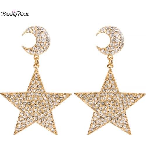 Banny Pink Bling Bling Full Rhinestone Stud Earrings For Women Chic Star Moon Statement Earrings Party Crystal Post Earrings