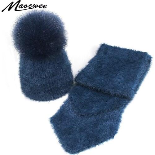 Fox Pompom Rabbit Fur Hat And Scarf For Women Girl Cotton Female Winter Knitted Hat Casual Solid Color 2 Pieces Set Beanies