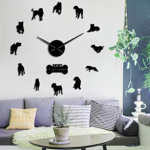 Dog Breed of Mastiff Modern Design Cane Corso Italiano 3D DIY Wall Sticker Clock Hunting Dog DIY Large Wall Watch Home Decor