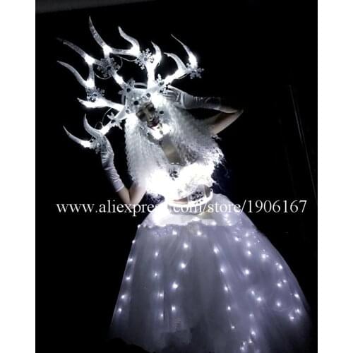 Led Luminous Antlers Headwear Led Light Up Party Queen Evening Dress Led Masquerade Cosplay DS Clothes Christmas Suit