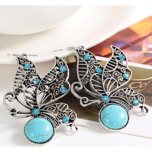 MINHIN Vintage Drop Dangle Earrings for Women Blue Beads Pendant Charming Silver Color Earrings Party Jewelry