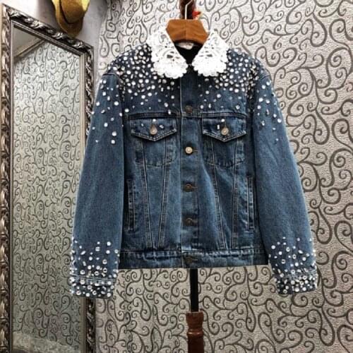 High Quality Denim Jackets 2021 Autumn Winter Jeans Coat Women Turn-down Collar Crystal Beading Deco Long Sleeve Casual Jackets