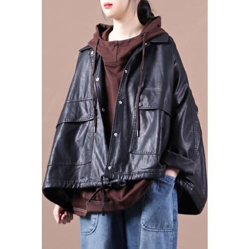 2021 autumn new style women Korean version loose literary double pockets concealed buckle drawstring PU leather short jacket n83