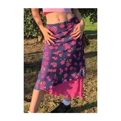 2021 New Women Casual Close-fitting Long Skirt, Purple Floral Printed Pattern Irregular Hem Skirt Fashion Joker