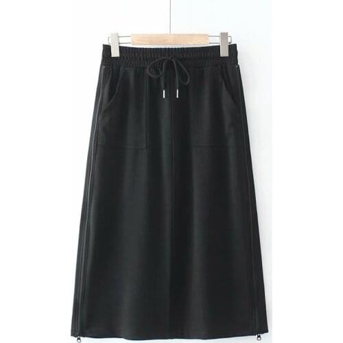 Plus size Mid-length knitted cotton Womens skirts suits 2021 pocket side stripe zipper summer black high wais skirt women