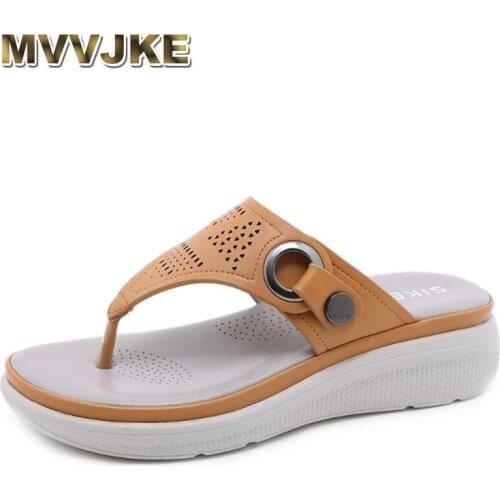 MVVJKE Women Shoes Summer Leather Beach Sandals Wedge Platform Slippers Flip Flops For Women Platform Slippers
