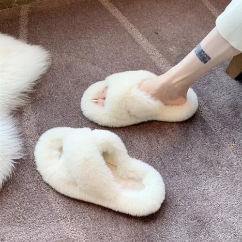 Women Faux Fur Slippers 2021 Spring Summer New Fashion Home Indoor Casual Black Furry Slip on Female Flat Slides