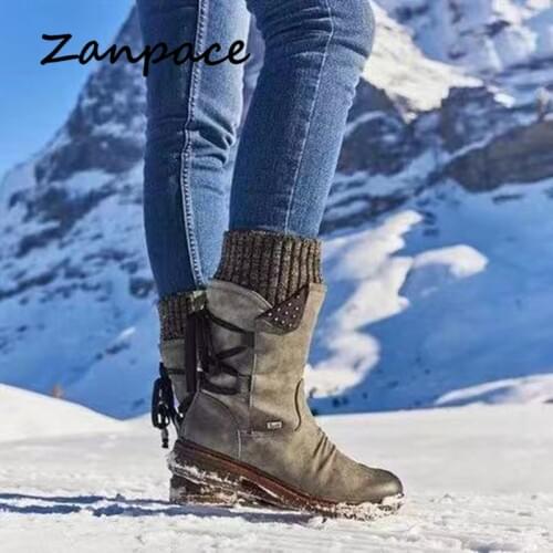 Winter 2019 New Large Size 40-43 Women Boots Mid-Calf Shoes Fashion Keep Warm Snow Boots Cowboy Style Lace-up Winter Shoes