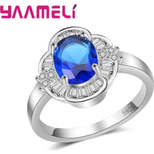 Classic Jewelry 925 Sterling Silver Rings For Women Big Blue Round Cubic Zirconia Engagement Simple Design Anillos
