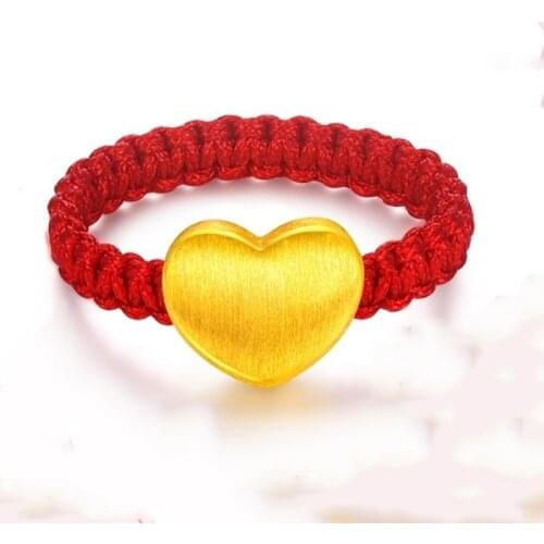New 999 Pure 24K Yellow Gold 3D 9*7mm Elegant Love Heart Womans Fine Lucky Knitted Ring