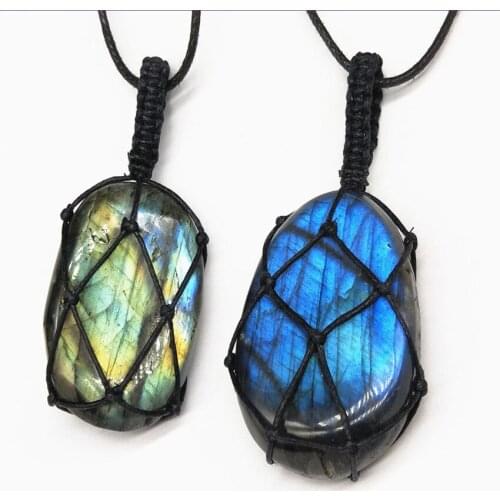 10 Pcs Handmade Weave Irregular Shape Labradorite Stone Pendant Rope Chain Necklace Attractive Design Jewelry