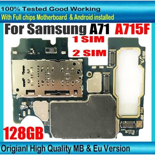 100% Original Unlocked For Samsung Galaxy A71 A715F 128GB Motherboard Eu Version SM-A715F 1/ 2 SIM Card Main Circuit Board Plate