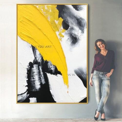 100%Hand Painted Modern Yellow Black White Minimalist Wall Art Canvas Oil Painting Abstract Wall Picture for Living Room Decor